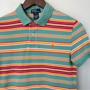 VTG Polo Ralph Lauren Boys M(10-12) Green Multicolor Striped Polo Shirt Retro